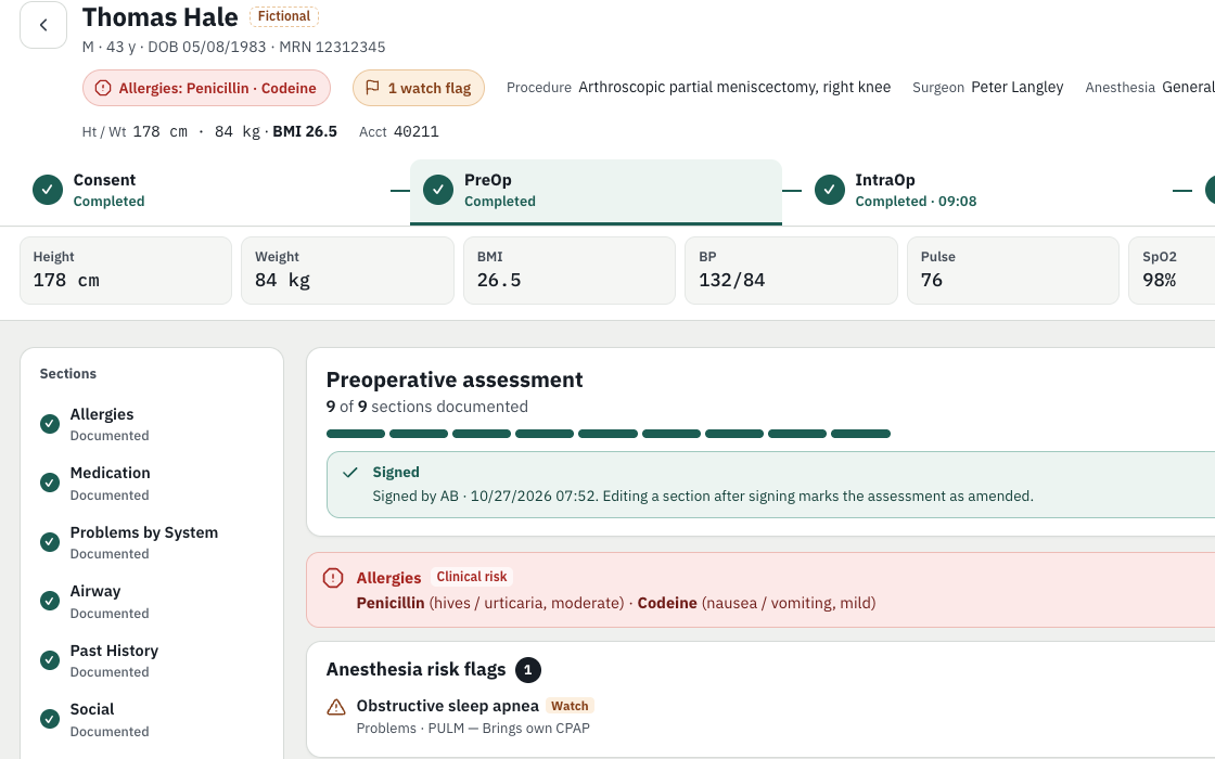 PulseOne preoperative assessment with allergies, anesthesia risk flags, medications, airway exam and labs